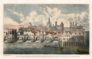 Vista del lado este del Puente de Londres antiguo desde BM Royal MSS de English School