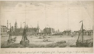 Vista del viejo Puente de Londres como apareció después del incendio de 1758 de English School