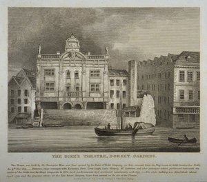 Vista del Teatro de los Duques, Dorset Gardens, desde el Río Támesis, 1814
