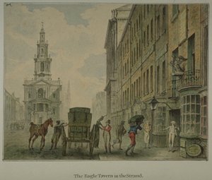 Vista de la Taberna Eagle en el Strand, Westminster, con un hombre descargando productos de un carro tirado por caballos en la carretera y St Mary le Strand en la distancia, c.1800
