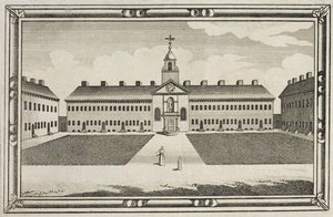 Vista de las Casas de Beneficencia de la Compañía de Ferreteros, Kingsland Road, Hackney, c.1820 de English School