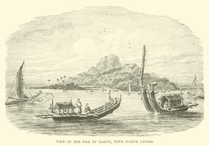 Vista de la Isla de Tahití, con canoas nativas