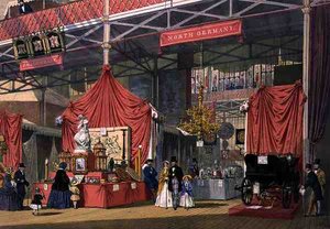 Vista del stand de instrumentos musicales de Klier and Sons, en la sección de Alemania del Norte de la Gran Exposición de 1851, de 