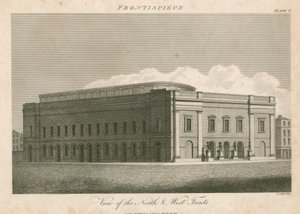 Vista de las fachadas norte y oeste del Teatro Drury Lane, Londres de English School