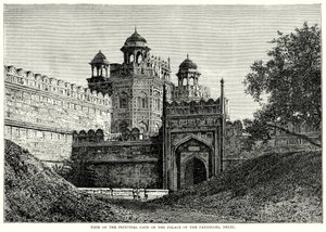 Vista de la puerta principal del palacio de los Padishahs, Delhi (grabado) de English School