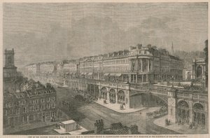 Vista de la carretera elevada propuesta o viaducto desde la Iglesia de St Sepulchres hasta Hatton Gardens
