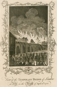 Vista del puente temporal de Londres en llamas en la noche del 11 de abril de 1758 de English School