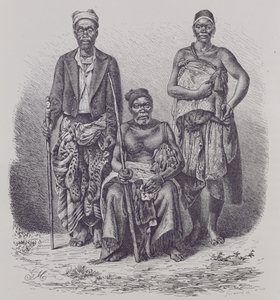 Jefe de aldea de la Costa de Loango, con esposa y dignatario, grabado de una fotografía por el Dr. Falkenstein, de 