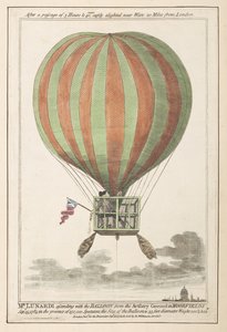 Vincent Lunardi en el aire después de su ascenso desde Moorfields, septiembre de 1784 (grabado en color)