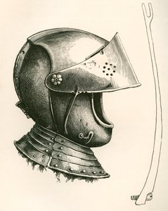 Casco con visera de hacia 1643. La pieza del lateral es el puntal de la visera, de tamaño natural, utilizado para mantener la visera en diferentes ángulos según la muesca utilizada, de The British Army: Its Origins, Progress and Equipment, publicado en 186 de English School