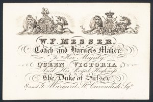 W F Messer, fabricante de coches y arneses para su majestad la Reina Victoria y el Duque de Sussex, tarjeta comercial de English School