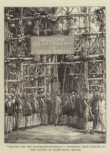 Esperando al Teniente-Gobernador, arco triunfal erigido por los nativos en Talpe Pattu, Ceilán (grabado)