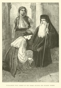 Popa valaco, sacerdote de la Iglesia Griega, y campesinas de English School