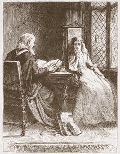 Walter Capel leyendo las Escrituras a su hija, ilustración de La Historia del Protestantismo de James Aitken Wylie (1808-1890), pub. 1878