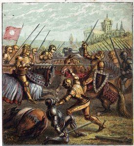 Guerra de las Dos Rosas (1455-1485); Batalla de Tewkesbury (4 de mayo de 1471). Ilustración de la Guerra Civil Inglesa nacida por la división de los sucesores del Rey Eduardo III (1327-1377) en dos ramas. Batalla de Tewkesbury: la última batalla en la guer