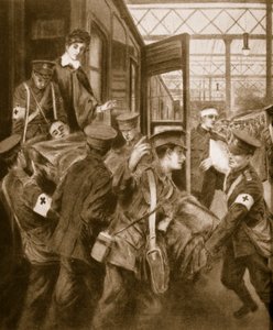 Heridos de guerra llegando a una terminal de tren de Londres, 1914-19 de English School