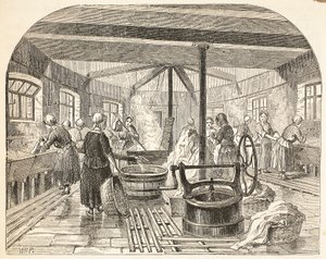 Lavandería en la prisión de Brixton, ilustración de Las prisiones criminales de Londres y escenas de la vida en prisión de Henry Mayhew y John Binny, pub. 1862 de English School