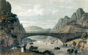 Puente de Waterloo sobre el río Conwy, Gales (grabado en color) de English School