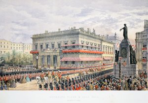 Waterloo Place y Pall Mall, de A Memorial of the Marriage of Edward VII and Alexandra of Denmark, pub. 1864 de English School