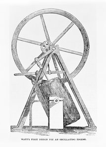 Primer diseño de Watts para un motor oscilante, página 35 de The Illustrated London News, 5 de julio de 1851 de English School