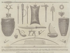 Armas e implementos de las tribus de África Central, visitadas por el Sr. S. W. Baker (grabado) de English School