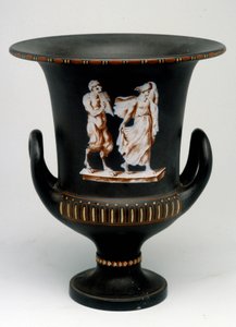 Jarrón Wedgwood que representa a una joven y un sátiro de cerámica negra pintado "con la encáustica". Inglaterra, alrededor de 1775 - 1790. Oficina de Medallas, BN en París de English School