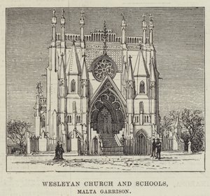 Iglesia y escuelas wesleyanas, guarnición de Malta (grabado)