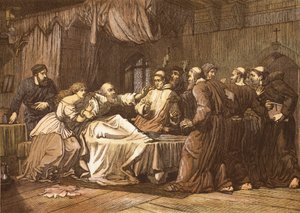 Wicliffe en su lecho de muerte asaltado por Frailes, grabado por T. Bolton de English School