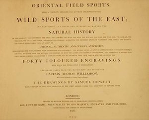 Deportes Salvajes del Este: frontispicio de "Deportes de Campo Orientales, una Colección de Dibujos", pub. por Edward Orme