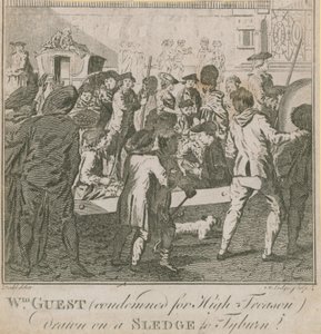 William Guest, condenado por alta traición, llevado en un trineo a Tyburn de English School