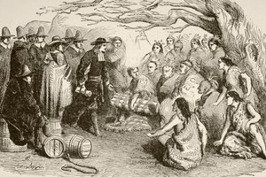 William Penn firma un tratado con los indios Delaware o Lenape en 1682 (litografía)