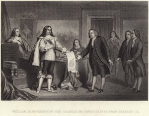 William Penn recibiendo la Carta de Pensilvania de Carlos II de English School