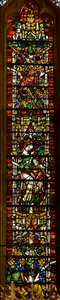 Ventana E1 que representa a la Virgen María en el Árbol de Jesé y la Crucifixión de English School