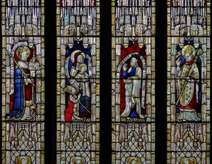 Ventana Ew que representa a San Ethelbert, Santa Ana y la Virgen, Joaquín, San Tomás de Hereford de English School