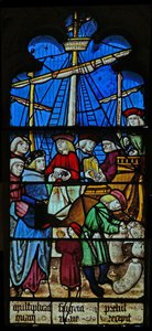 Ventana SaEw representando una escena de una leyenda de San Nicolás: los barcos de grano descargan en Myra de English School