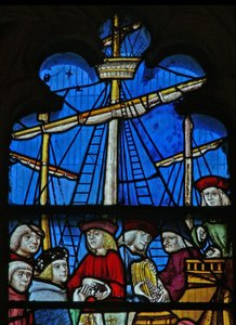 Ventana SaEw representando una escena de una leyenda de San Nicolás: los barcos de grano descargan en Myra
