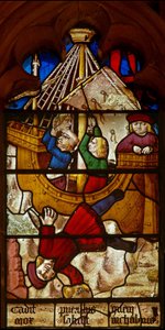 Ventana SaEw representando una escena de una leyenda de San Nicolás: el milagro del niño y la copa: el niño confiado con una Copa de Oro cae al mar en ruta a Bari de English School