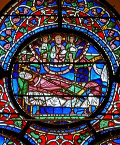 Ventana que representa a San Dunstan soñando que pasará el día en el cielo de English School