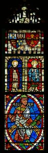 Ventana que representa dos santos y escudos heráldicos de English School