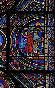 Ventana n7 que representa una escena de la vida de Santo Tomás Becket: un caballero armado y un monje de English School