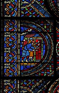 Ventana n7 que representa una escena de la vida de Santo Tomás Becket: caballeros en la puerta de Canterbury