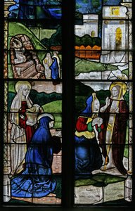 Ventana s3 que representa una escena de la Resurrección: las Santas Mujeres en la Tumba