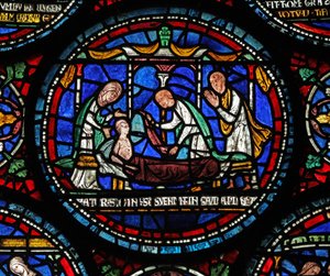 Ventana s6 que representa una escena de un milagro de Santo Tomás Becket: Cicely de Plumstead(?) se sienta en su féretro de English School