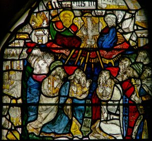 Ventana w25 que representa la Trinidad y Pentecostés de English School
