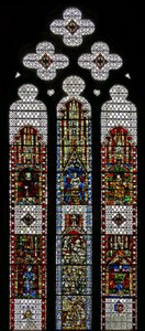 Ventana w32 que representa a San Jorge, San Lorenzo, San Esteban, San Cutberto, San Pedro, Santa Ana, San Joaquín de English School