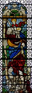 Ventana w36 que representa a San Cristóbal - una figura híbrida de vidrio francés del siglo XVI e inglés del siglo XV ensamblada en 1956 de English School