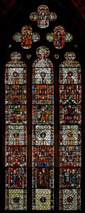Ventana w39 que representa los martirios de San Lorenzo, San Dionisio y San Eleuterio de English School