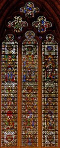 Ventana w42 que representa la ventana de Peter de Dene con escenas de la Vida de Santa Catalina de English School
