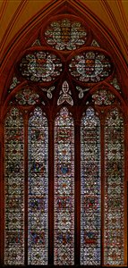 Ventana w57 que representa la ventana este de la Sala Capitular: Infancia de Cristo: Muerte de la Virgen