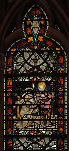 Ventana w58 que representa a Santo Tomás dudando; grisalla y borde de English School
